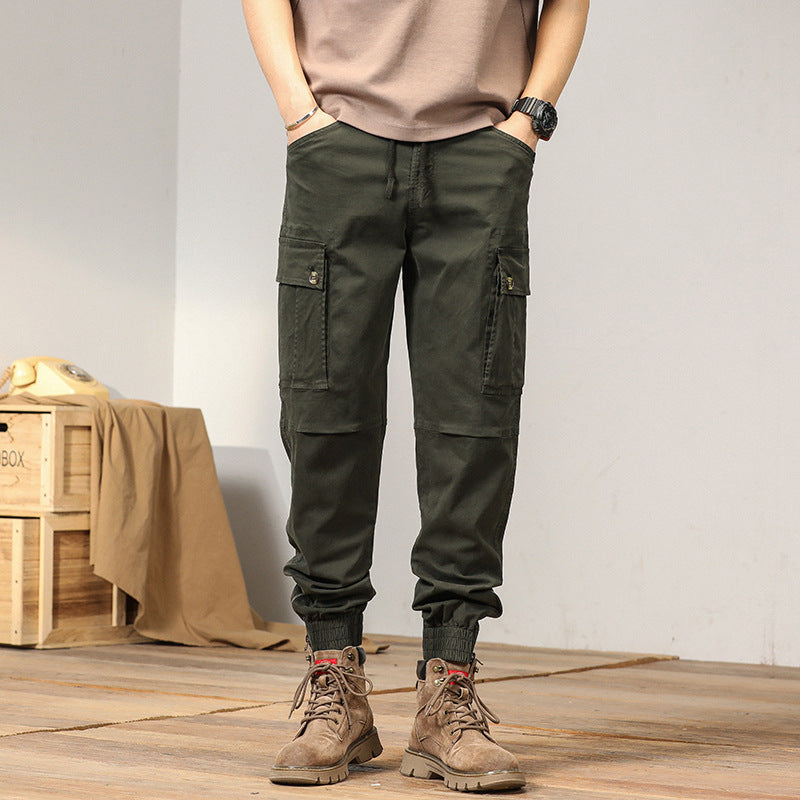 Men's Multifunctional Canvas Cargo Pants in Jogger Style with Elastic Ankle Cuffs, Flap Pockets, and Knee Reinforcement Mune Fashion