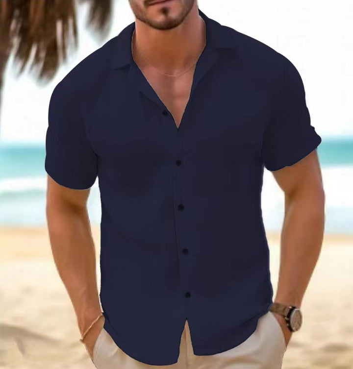 Men's Short-Sleeved Cotton Shirt with Textured Fabric Mune