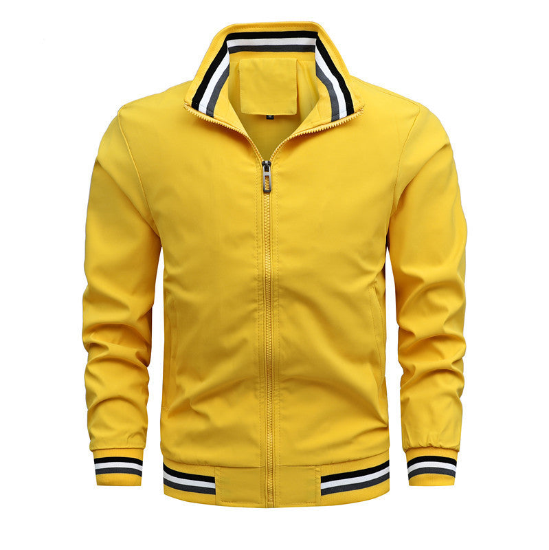 Men's Lightweight Bomber Jacket with Striped Ribbed Cuffs and Stand-Up Collar Mune Fashion