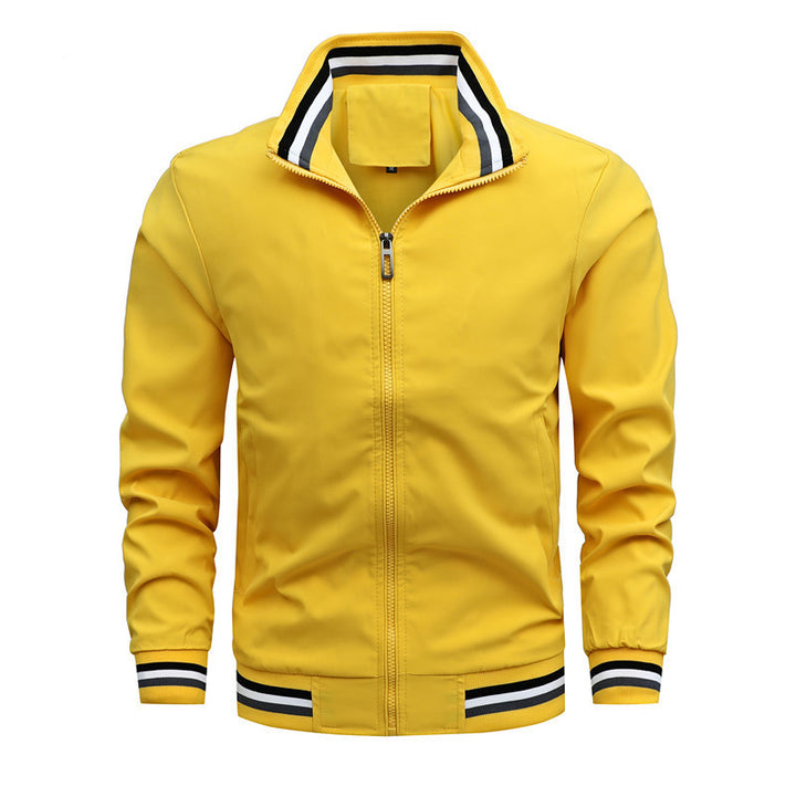 Men's Lightweight Bomber Jacket with Striped Ribbed Cuffs and Stand-Up Collar Mune Fashion