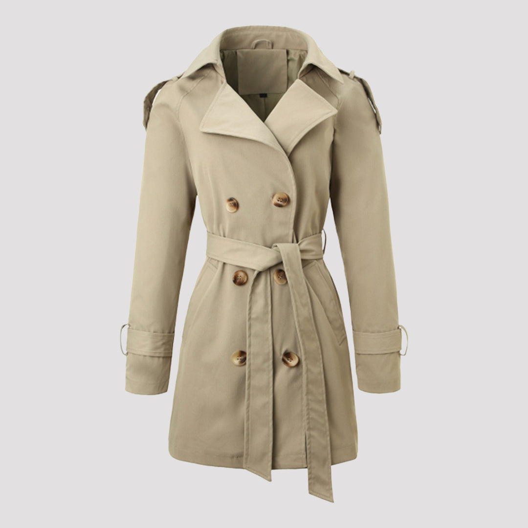 Women Tailored Trench Coat with Tied Belt, Shoulder Tabs and Metal Ring Details Mune Fashion