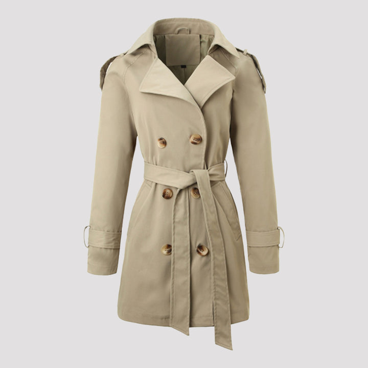 Women Tailored Trench Coat with Tied Belt, Shoulder Tabs and Metal Ring Details Mune Fashion