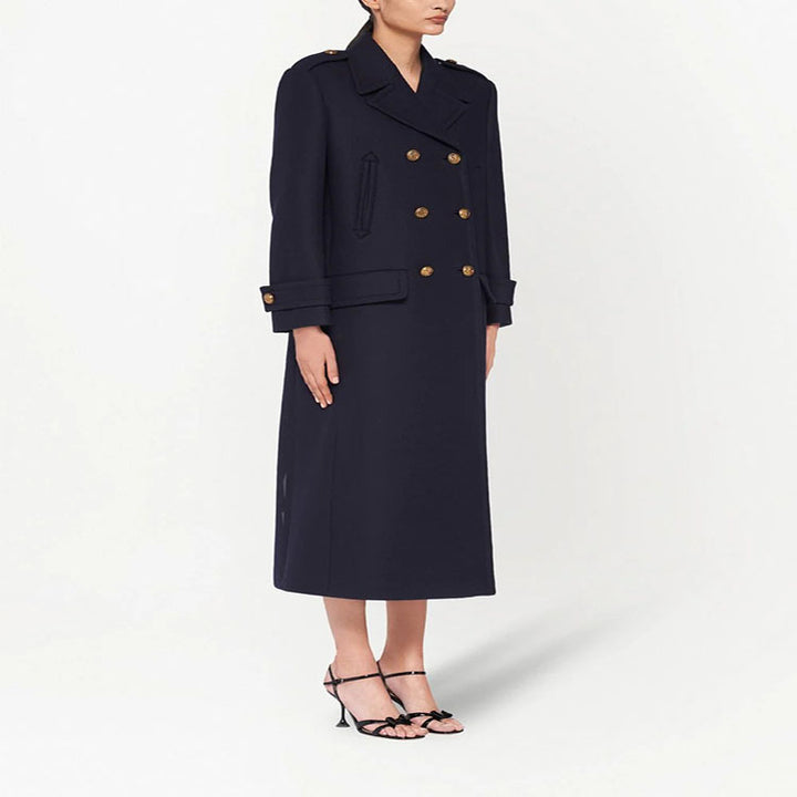 Women Double-breasted military-inspired Maxi Wool Coat with Epaulets and Decorative Straps Mune Fashion