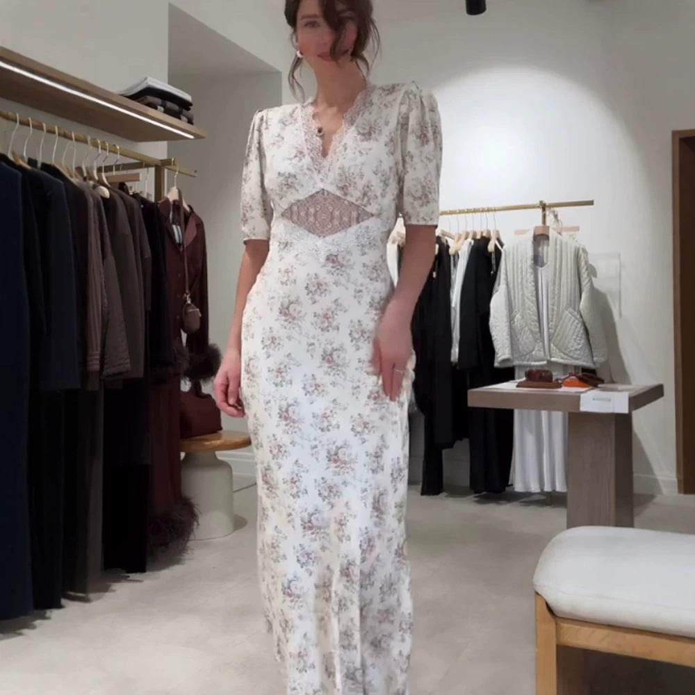 Women Romantic Maxi Dress in Flowing Satin with Lace Cut-Out & Puff Sleeves Mune Fashion