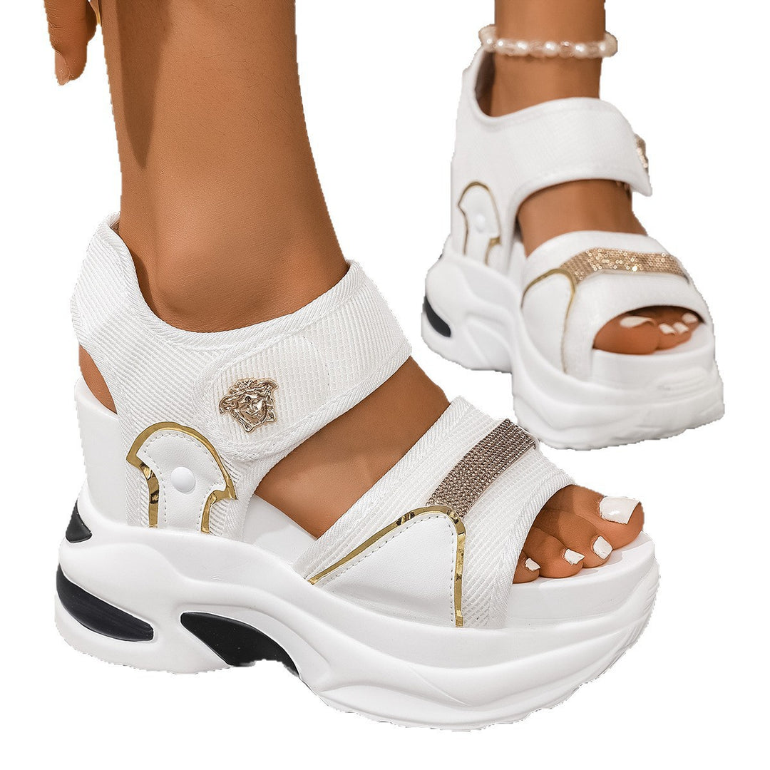 Ladies' chunky platform sandals with ergonomic wave sole, Velcro fastener, and gold decorative applications Mune Fashion