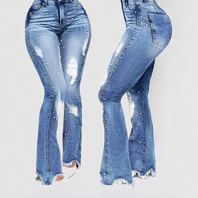 Ladies pearl-embellished high-waist flared jeans with destroyed details and raw hem Mune Fashion