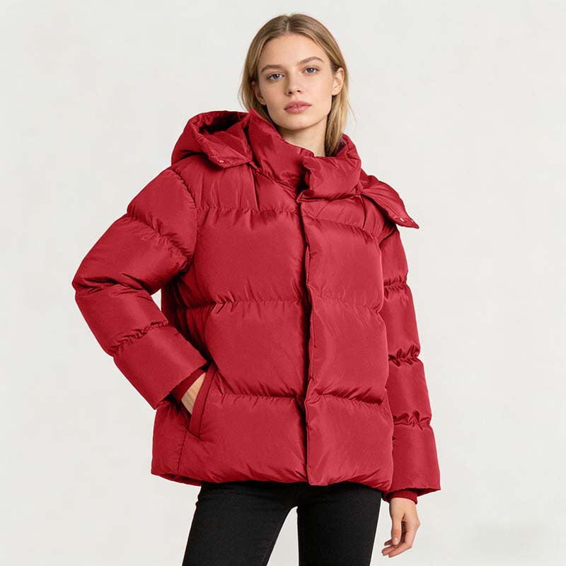 Women's Padded Oversized Quilted Jacket with Hood and High Stand Collar Mune Fashion
