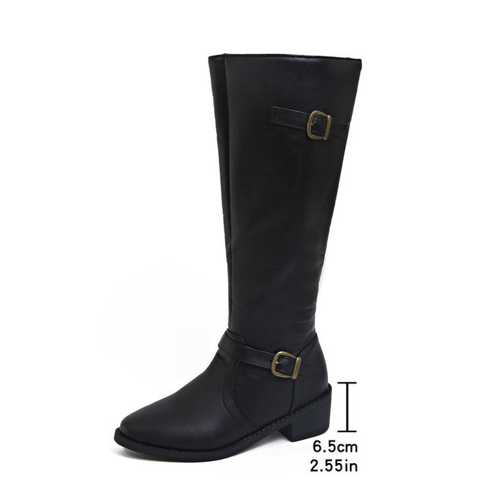 Women's knee-high riding boots with decorative buckles and ergonomic block heel Mune Fashion