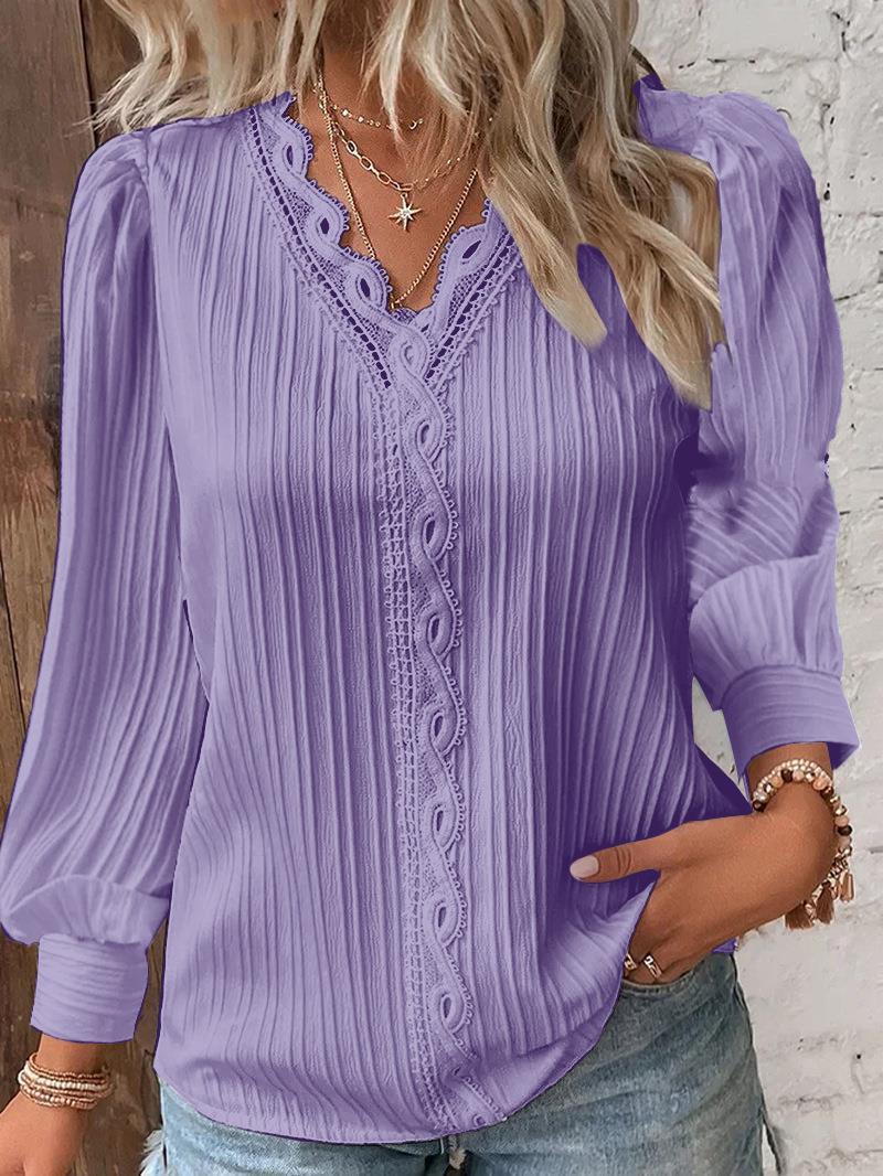 Women's romantic V-neck lace blouse with pleats and puff sleeves Mune Fashion
