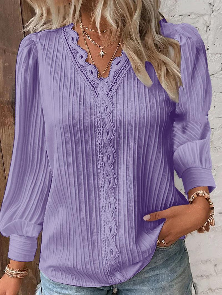 Women's romantic V-neck lace blouse with pleats and puff sleeves Mune Fashion