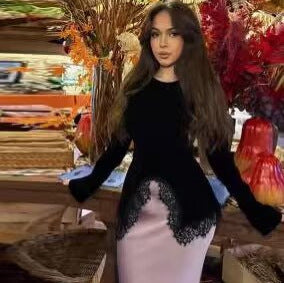 Ladies Elegant Velvet Top with Lace Trim and Curved Hem Mune Fashion