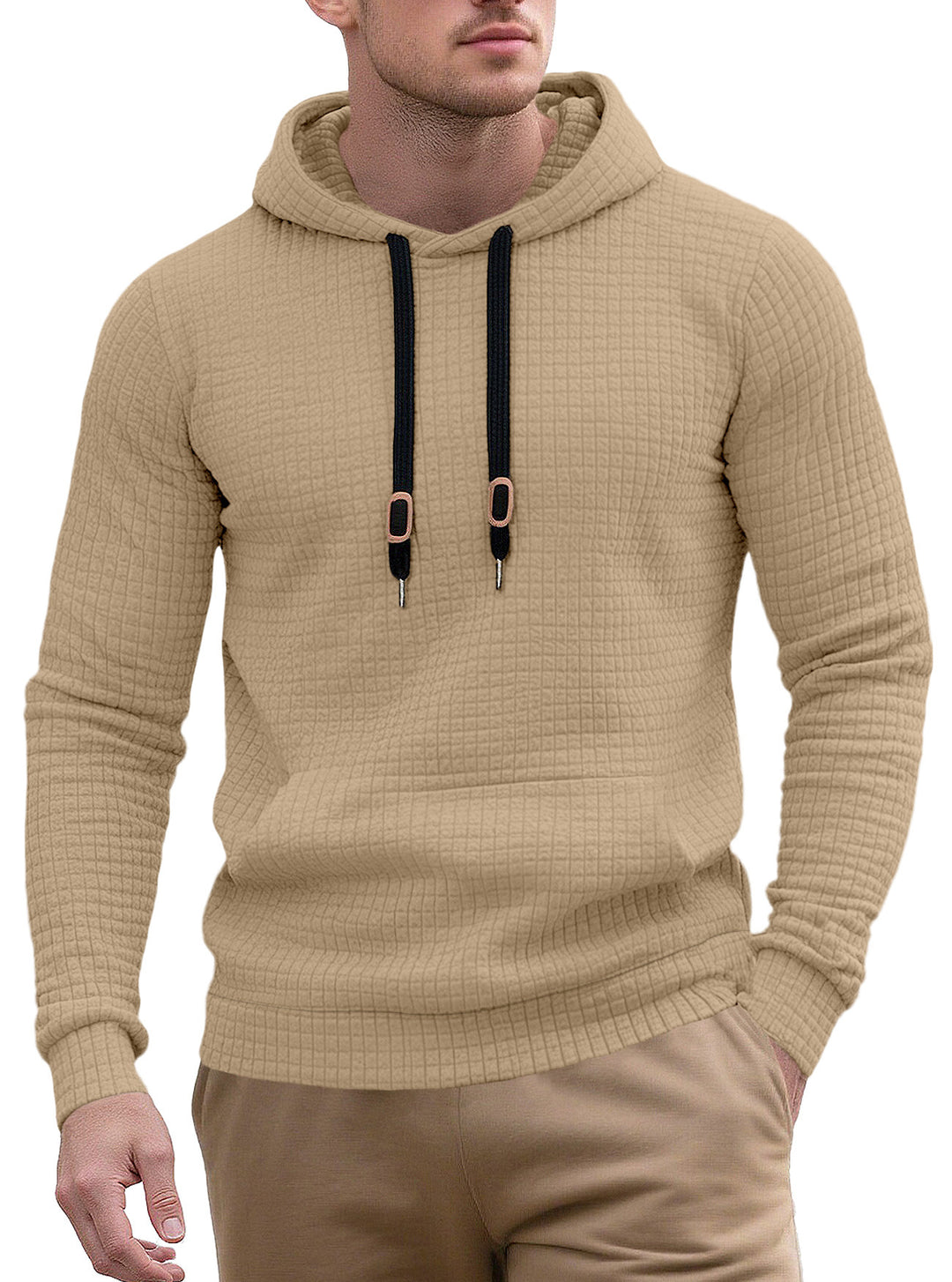 Men's narrow-cut quilted hoodie with fine square texture, drawstring and ribbed hem Mune Fashion