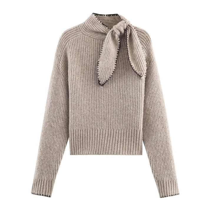 Women's Short-Cut Ribbed Knit Sweater with High Collar and Integrated Knot Scarf Mune Fashion