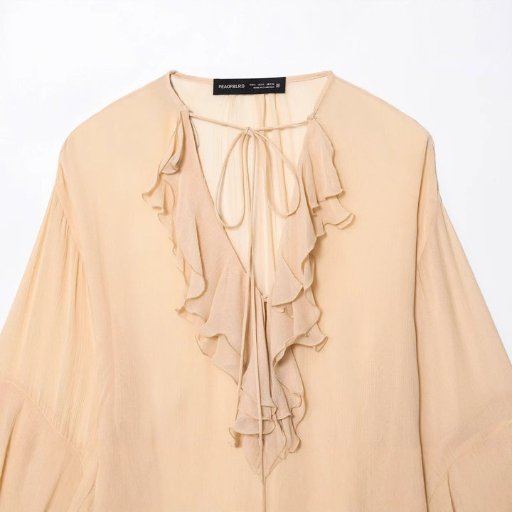 Women's Flowing Chiffon Ruffle Tunic with Flounce Sleeves and Tie Band