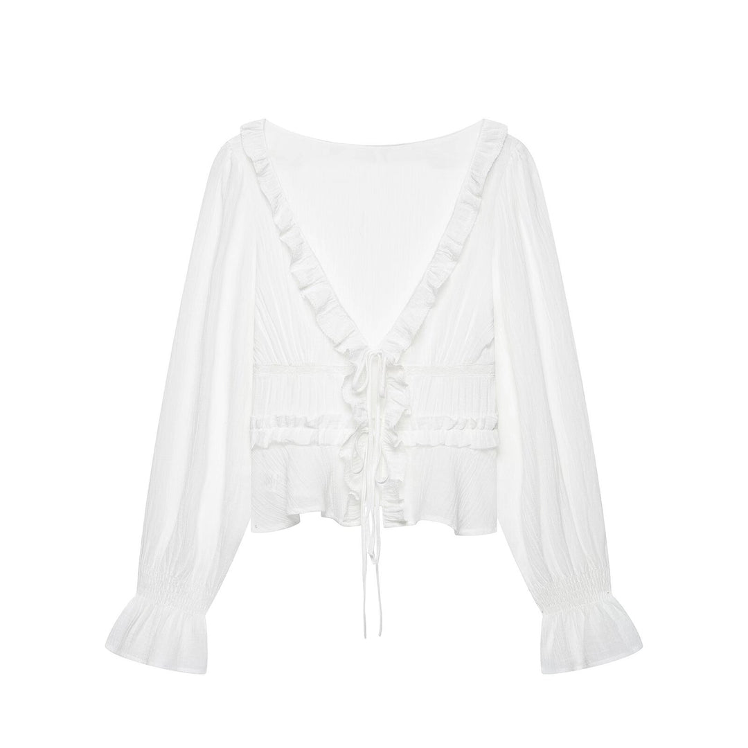 Women's Ruffle Blouse with Deep V-Neck, Tie Band, and Gathered Balloon Sleeves Mune Fashion