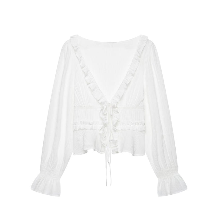 Women's Ruffle Blouse with Deep V-Neck, Tie Band, and Gathered Balloon Sleeves Mune Fashion