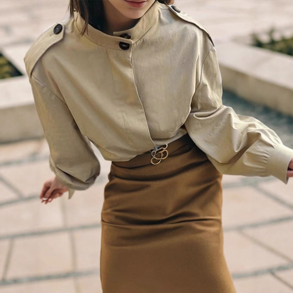 Women's Short Blouse-Trench with Stand-up Collar, Shoulder Patches and Balloon Sleeves Mune Fashion