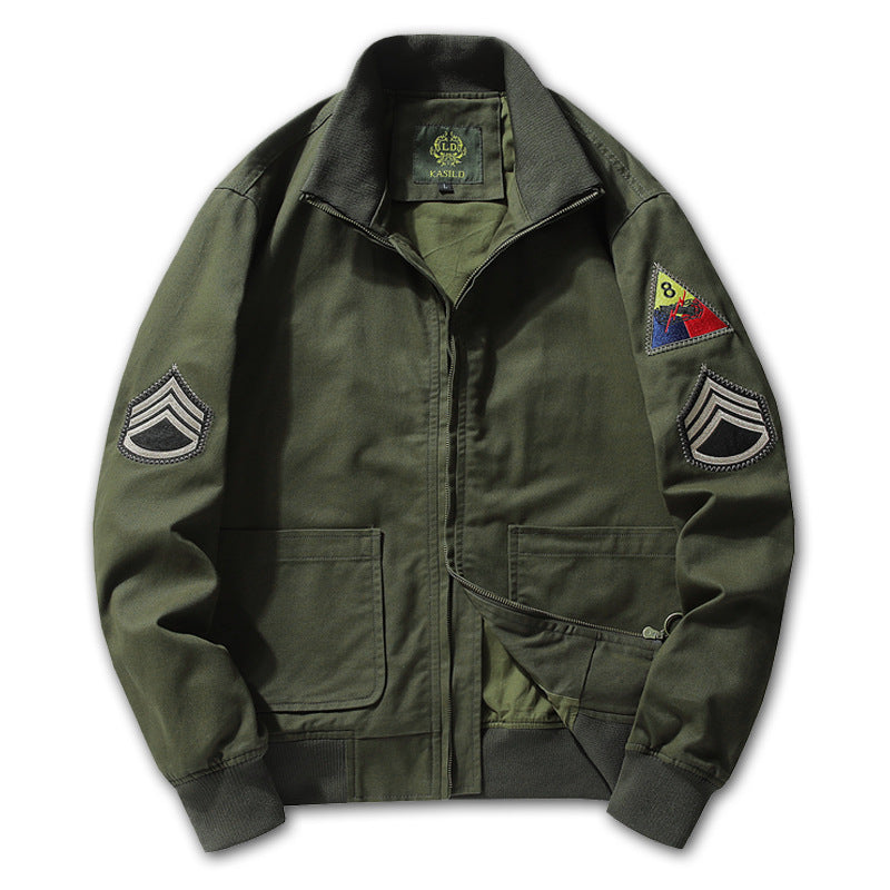 Men's Cotton Canvas Bomber Jacket with Embroidered Patches and Stand-Up Collar Mune Fashion