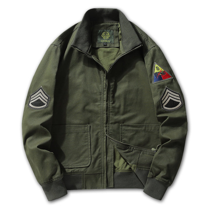 Men's Cotton Canvas Bomber Jacket with Embroidered Patches and Stand-Up Collar Mune Fashion