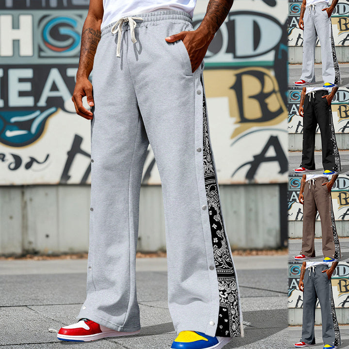 Men's Loose Snap-Track Pants with Drawstring, Side Bandana Trim and Snap Closure Mune Fashion