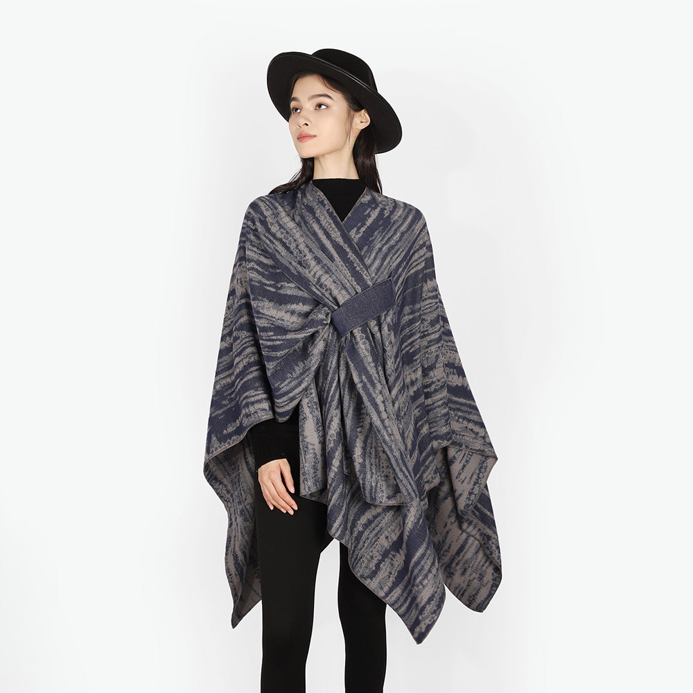 Ladies Jacquard cape cover-up with structured wave pattern, tie belt and asymmetrical hemline Mune Fashion