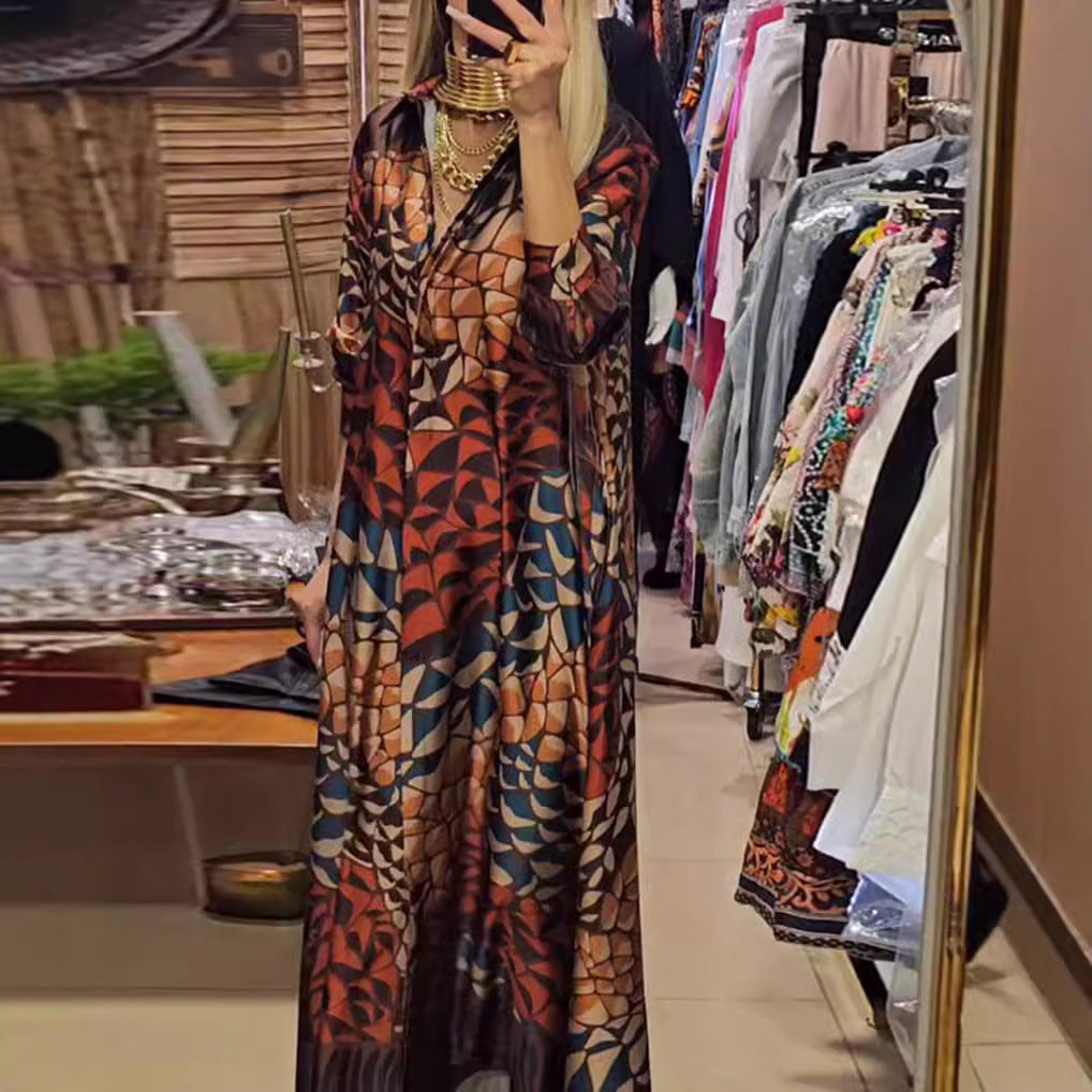 Women's flowing satin shirt dress with shirt collar, geometric mosaic print, and casual maxi length Mune Fashion