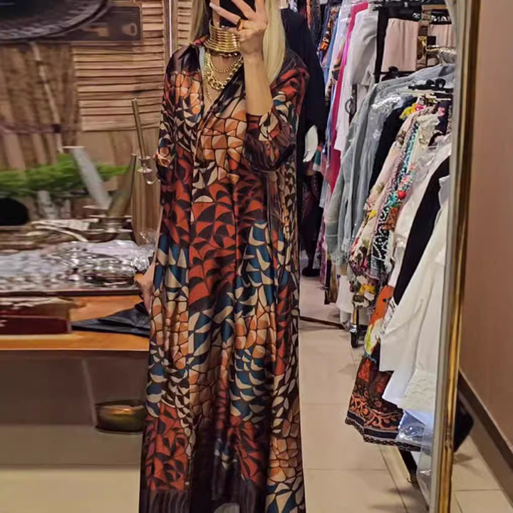 Women's flowing satin shirt dress with shirt collar, geometric mosaic print, and casual maxi length Mune Fashion