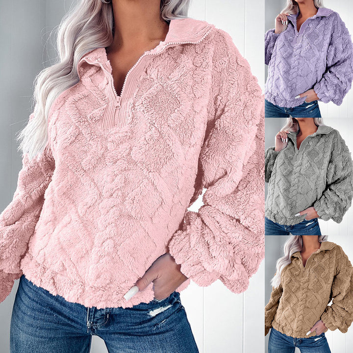 Women's plush Sherpa pullover with half zipper, stand-up collar, and oversized silhouette Mune Fashion