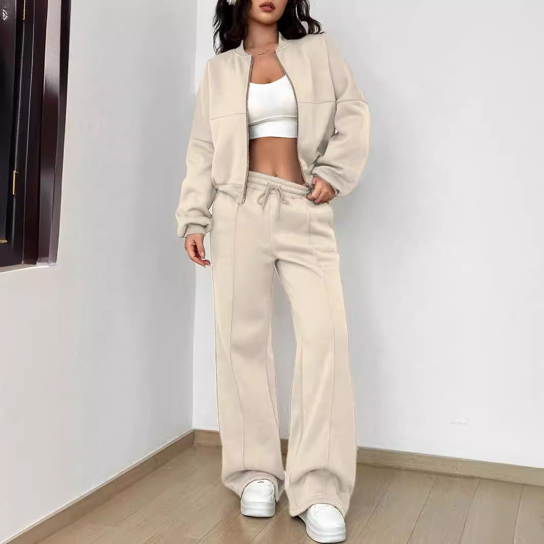 Women’s cropped bomber jacket with zipper and loose high-waist joggers set Mune Fashion