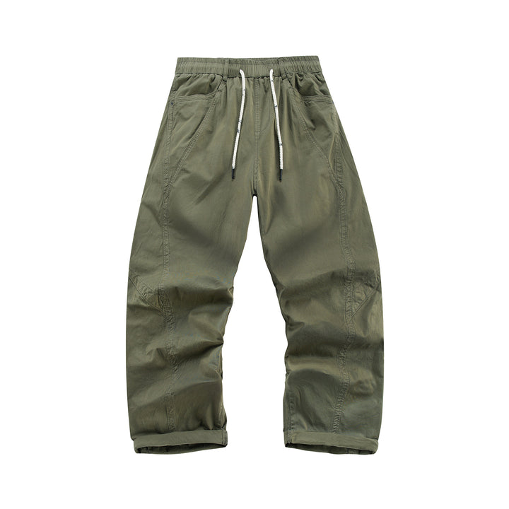 Men's Loose Fit Casual Pants with Elastic Drawstring Waistband, Diagonal Pocket Design, and Knee Panels Drune
