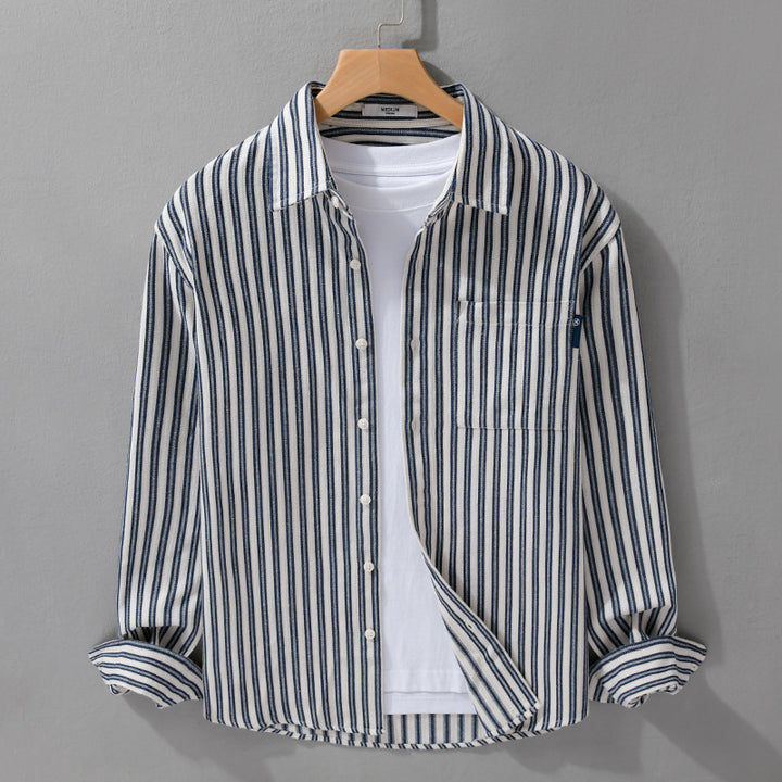 Men Striped Cotton Overshirt with Patch Chest Pocket and Soft Crinkle Finish Mune Fashion