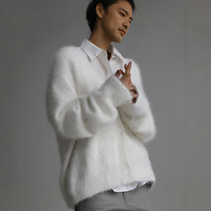 Women Fluffy Mohair-Optic Cardigan with V-Neck and Oversize Cut Mune Fashion
