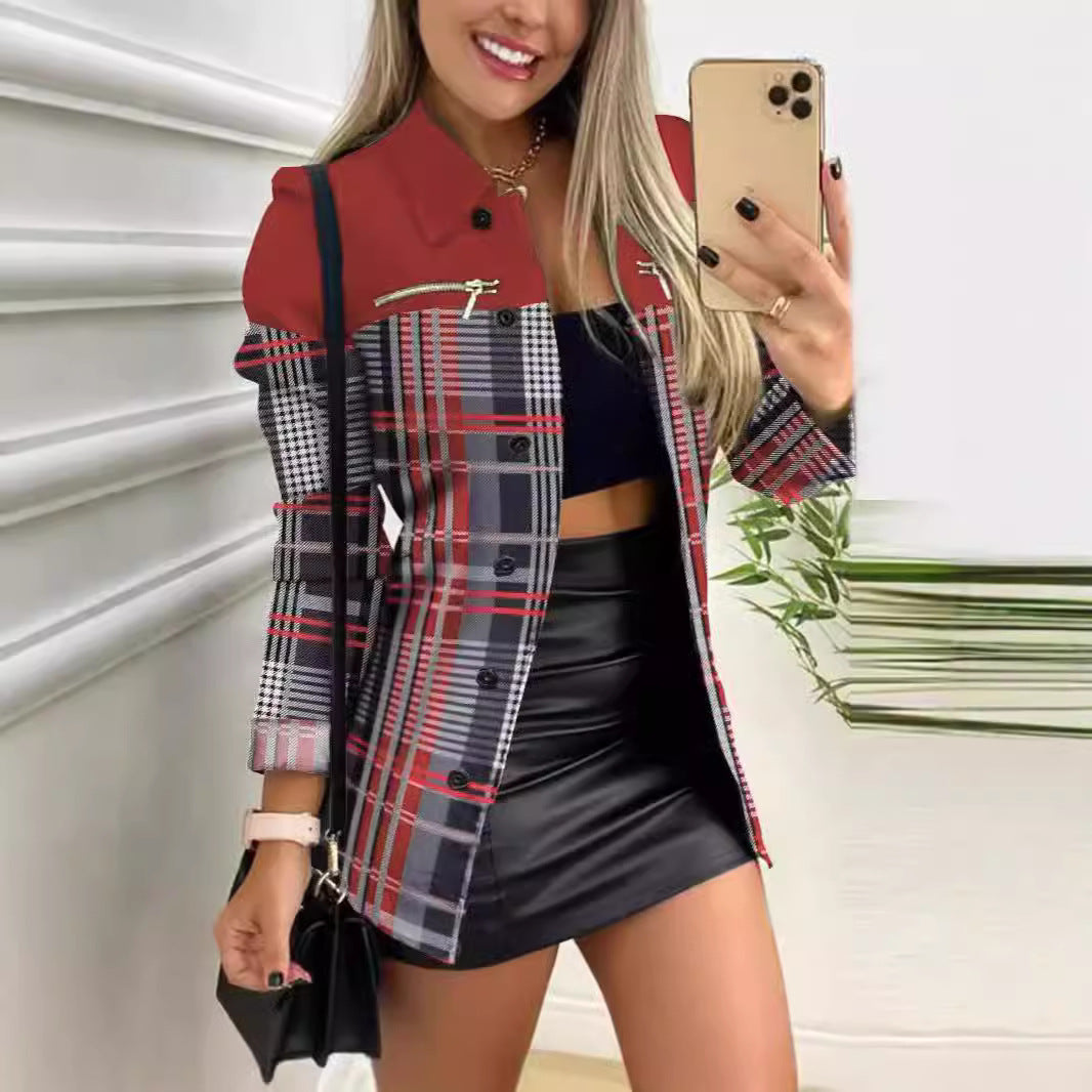 Ladies patterned blazer with geometric print, zip pocket and full button placket Mune Fashion