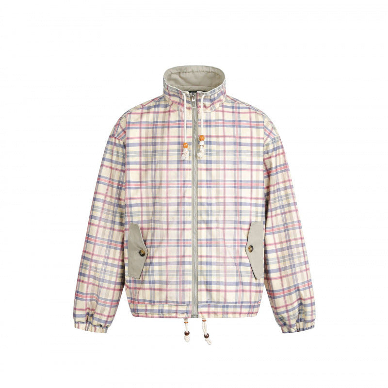Women Lightweight Checkered Stand Collar Jacket with Drawstring and Flap Pockets Mune Fashion