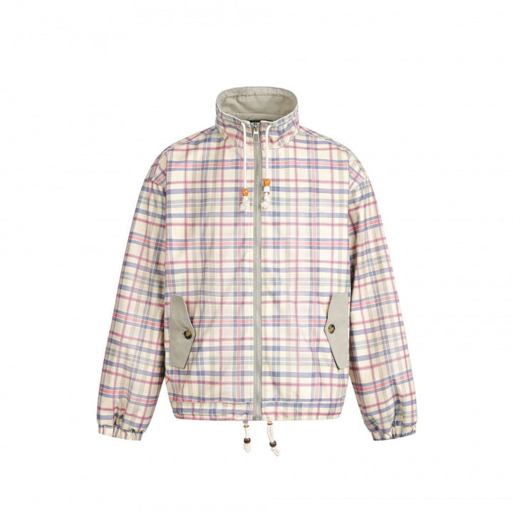 Women Lightweight Checkered Stand Collar Jacket with Drawstring and Flap Pockets Mune Fashion