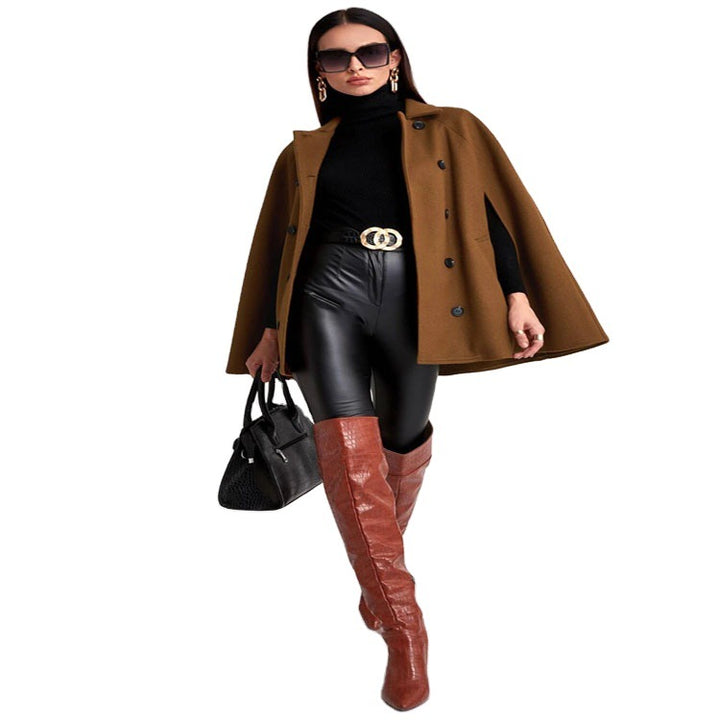 Women's Short Cape Coat in Boxy Tailoring with Hidden Sleeve Slits and Notch Collar Mune Fashion