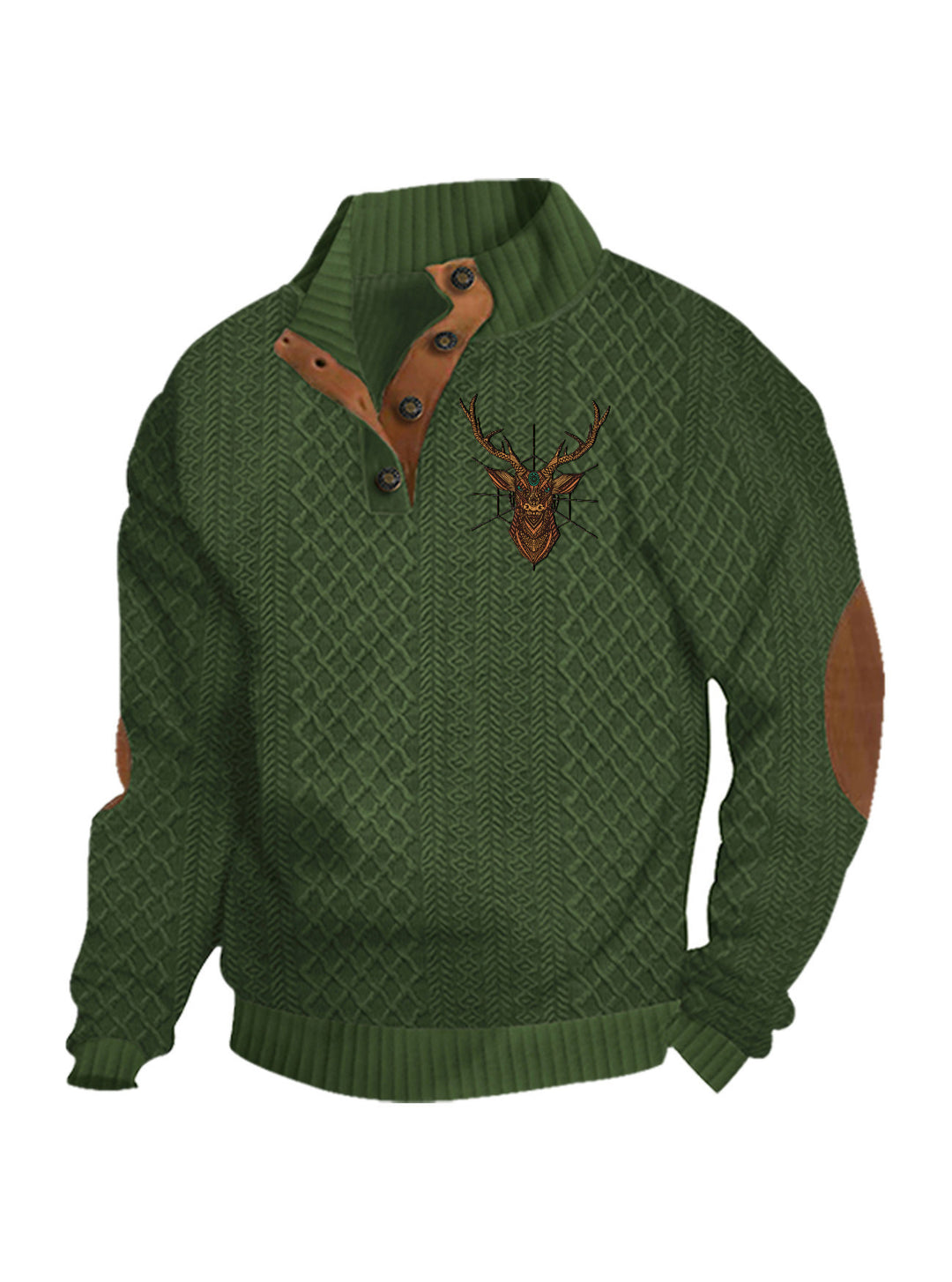 Men's nan Heritage textured pullover with stand-up collar faux leather trim elbow patches and half-button placket Mune Fashion