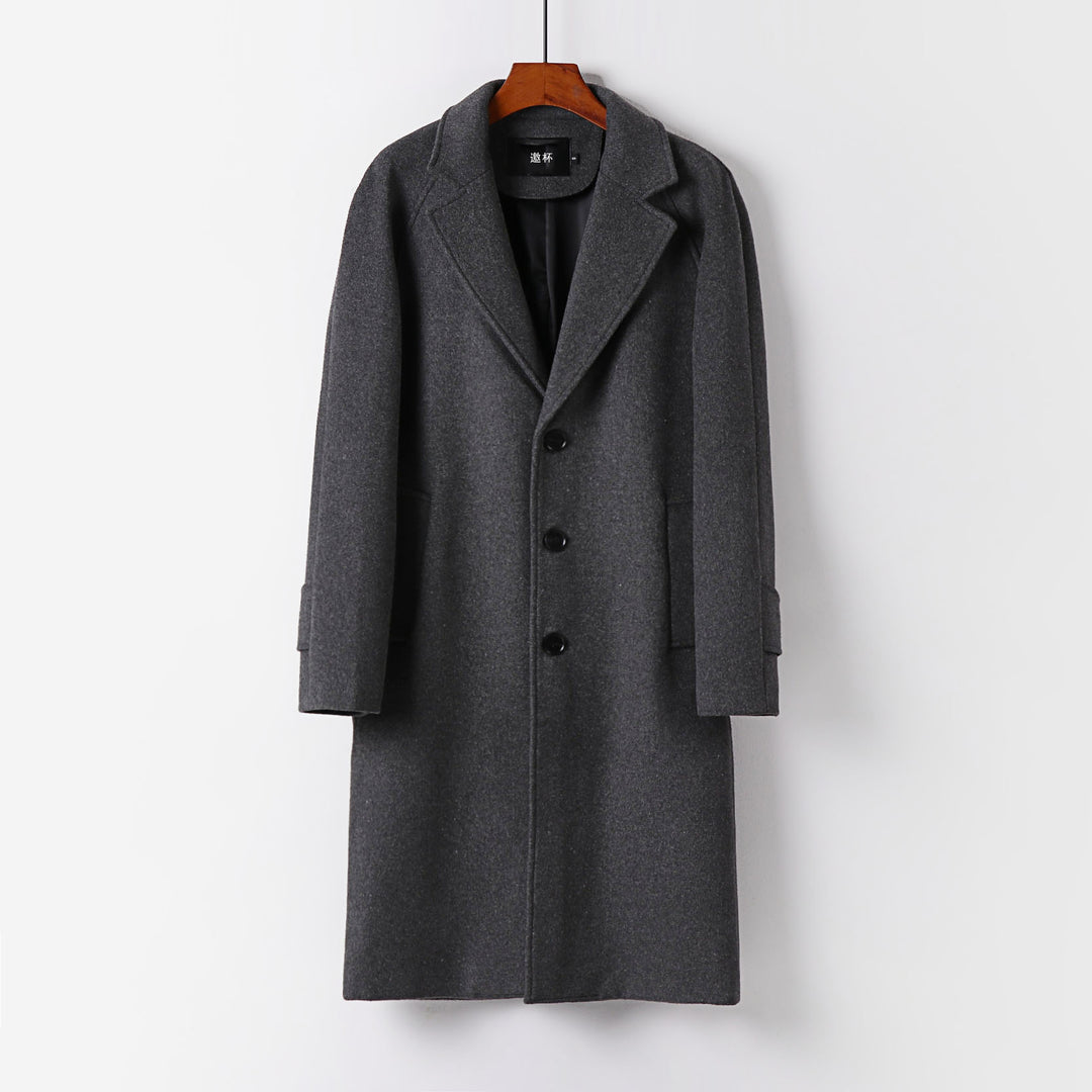 Men's Maxi Length Wool Coat with Clean Cut, Narrow Lapel and Concealed Lining Mune Fashion