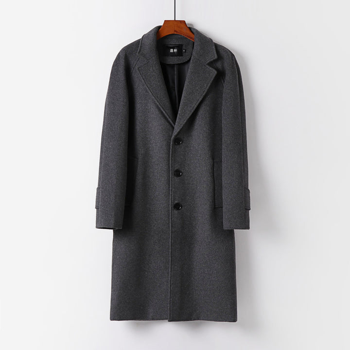 Men's Maxi Length Wool Coat with Clean Cut, Narrow Lapel and Concealed Lining Mune Fashion