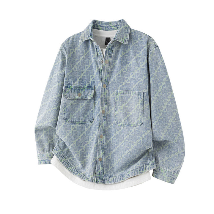 Men's Monogram Oversized Denim Shirt Jacket with Snap Buttons and Patch Chest Pockets Mune Fashion