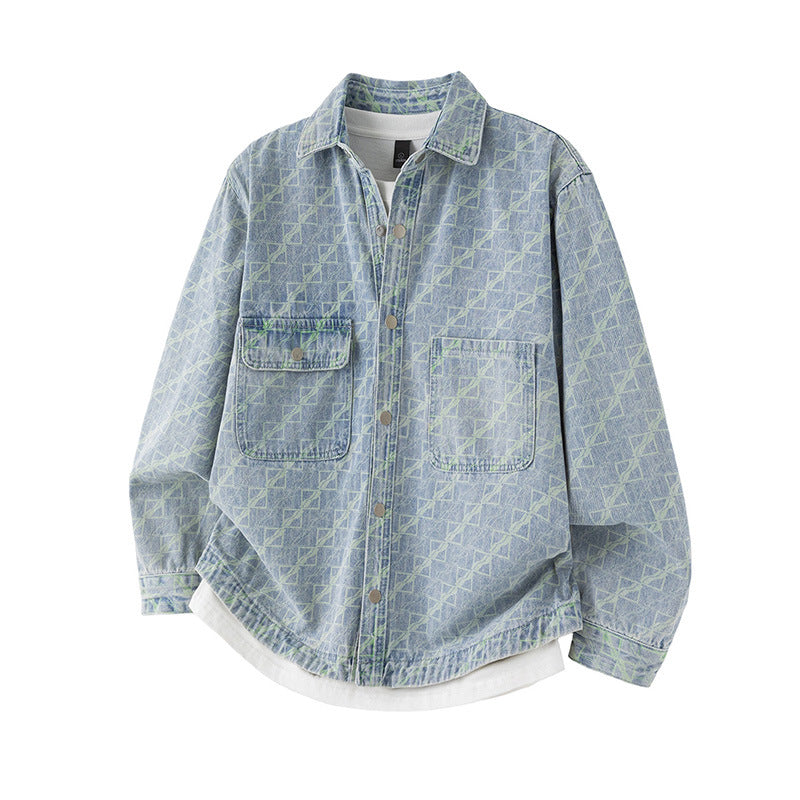 Men's Oversized Denim Jacket with Allover Monogram, Snap Button Closure and Applied Chest Pockets Mune Fashion