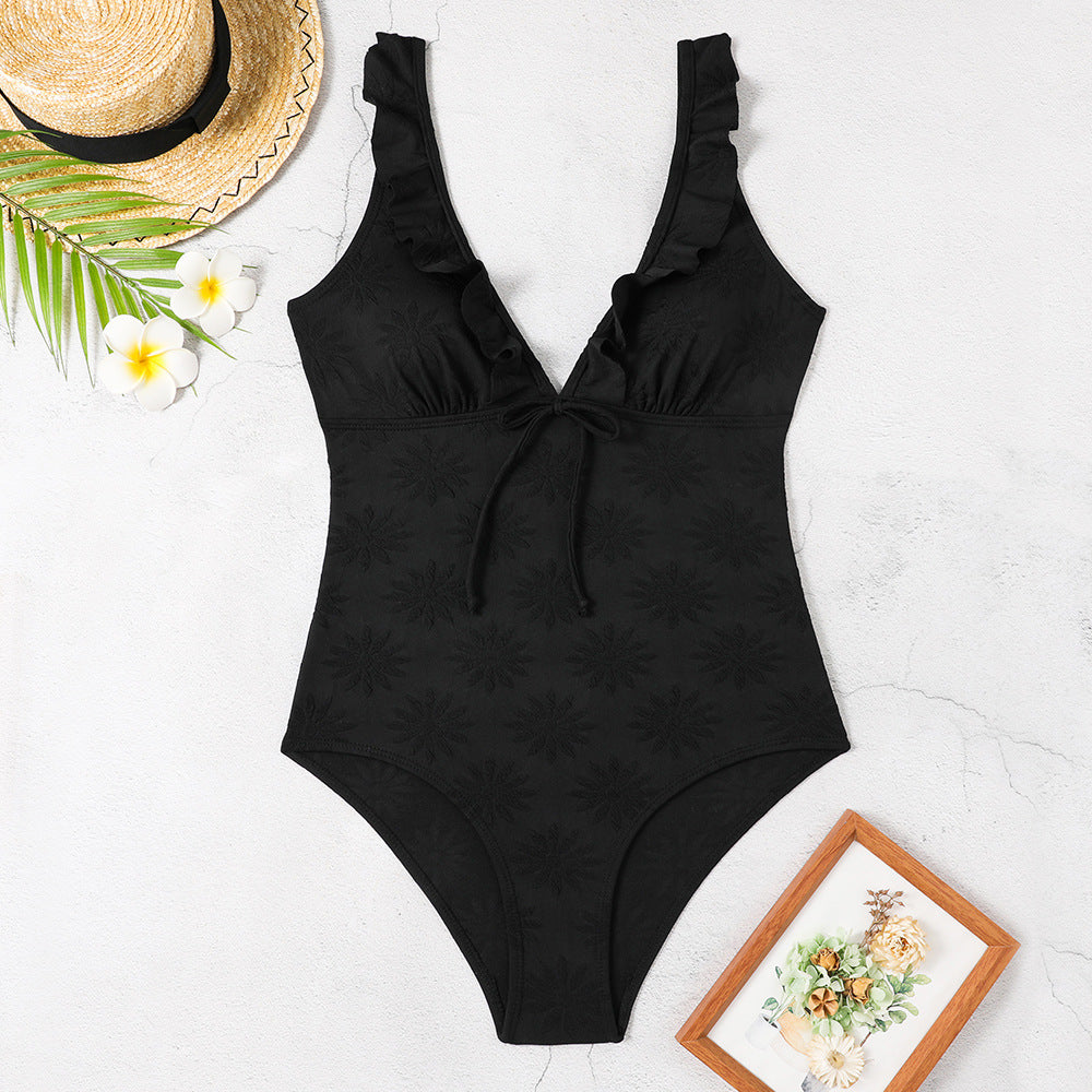 Women One-Piece Swimsuit with Playful Ruffle Details and Elegant Tie Band Mune Fashion