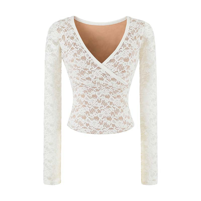 Women's Figure-hugging Lace Top with Wrap V-neck and Long Sleeves Mune Fashion