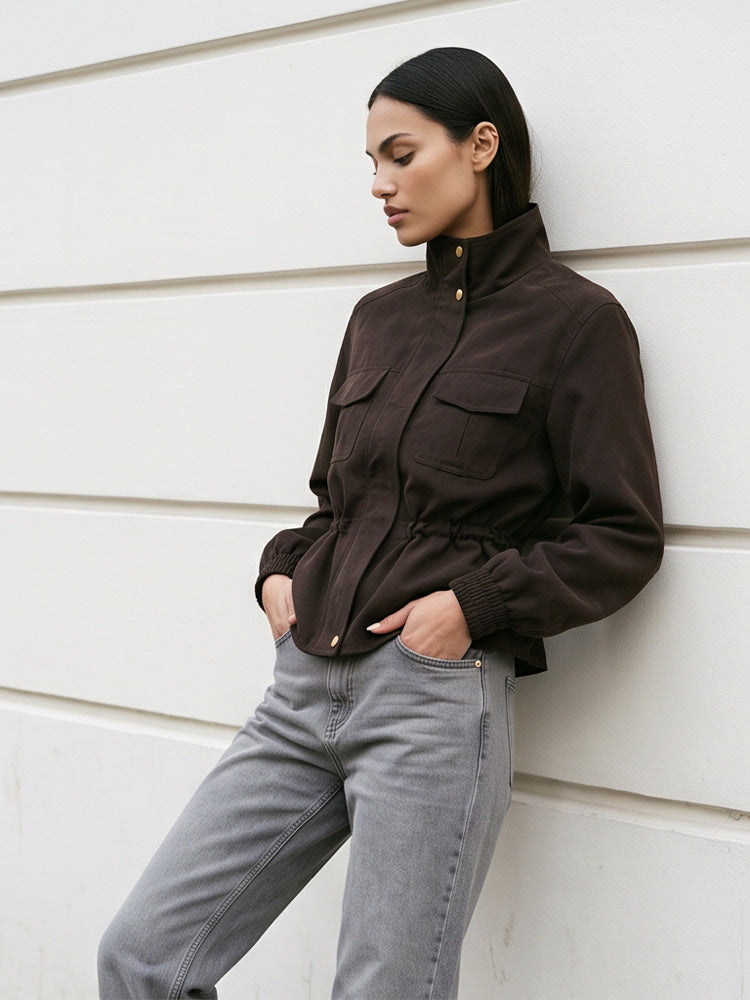 Women’s short jacket in utility style with waist drawstring and stand-up collar Mune Fashion