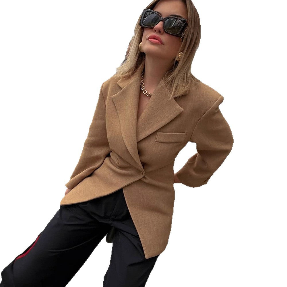 Women's Tailored Wool Blend Blazer with Emphasized Waist and Distinctive Shoulder Area Mune Fashion