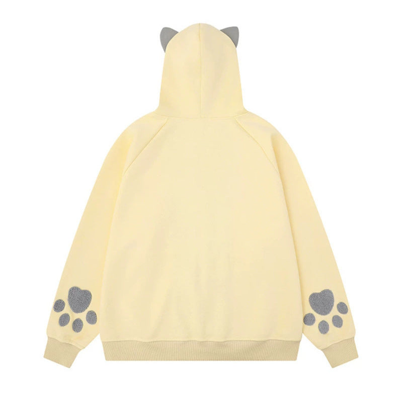 Women's hooded sweatshirt jacket with ears, full-length zipper, kangaroo pocket with paw appliqué and playful embroidery Mune Fashion