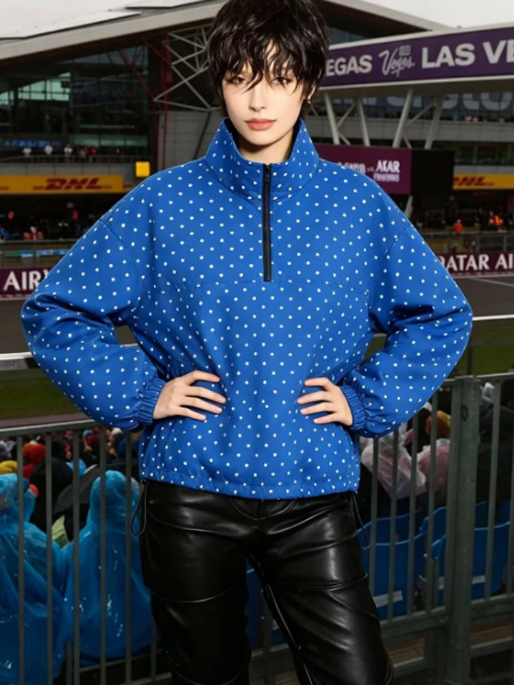 Women's Lightweight Polka Dot Half-Zip Transitional Jacket with Stand-Up Collar and Drawstring Mune Fashion
