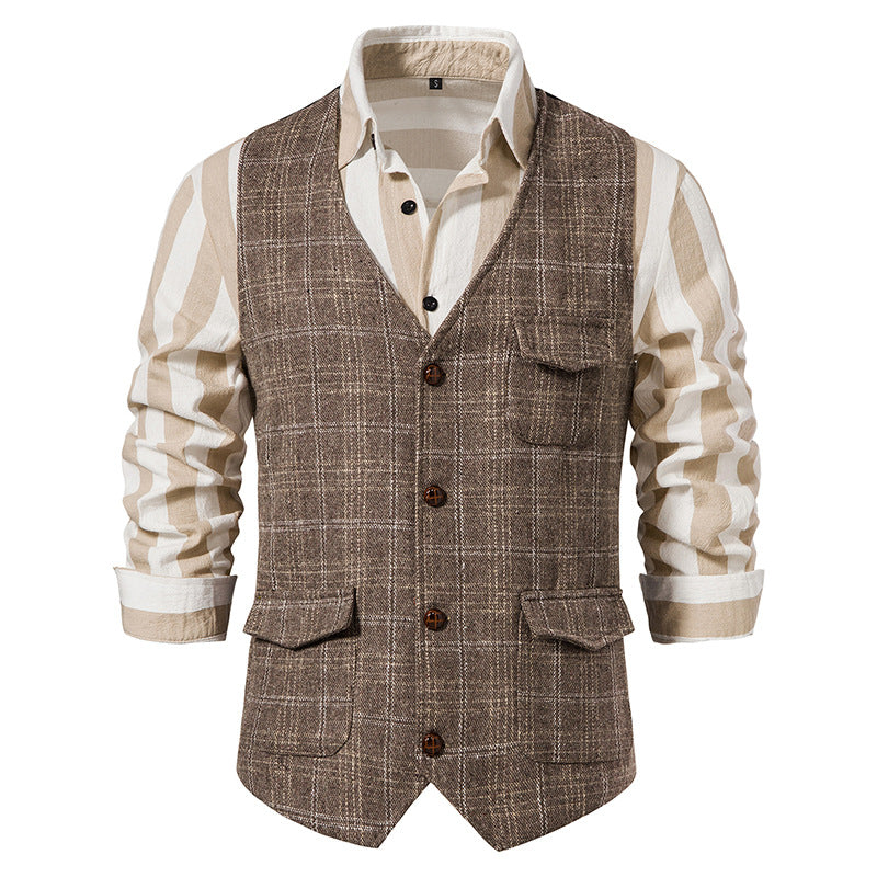 Men's checked wool blend gilet with chest pocket and patch side pockets Mune Fashion