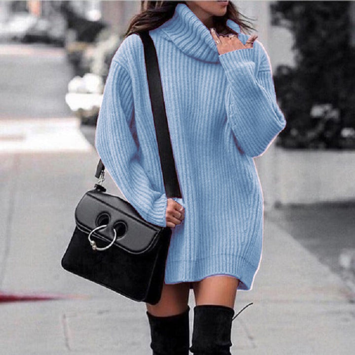 Women Oversized Long Sweater with Roll Neck, Ribbed Fine Knit and Figure-Flattering Tunic Length Mune Fashion