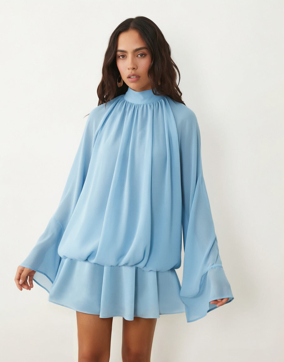 Women's chiffon mini dress with gathered blouse tunic, stand-up collar, and flounce skirt Mune Fashion